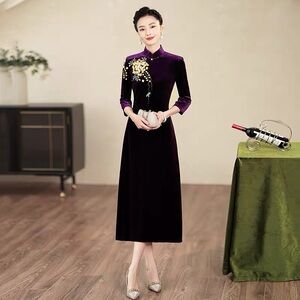 Elegant Purple Velvet Dress with Floral Embroidery